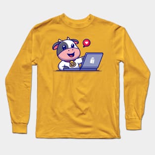 Cute Cow Working On Laptop Cartoon Long Sleeve T-Shirt